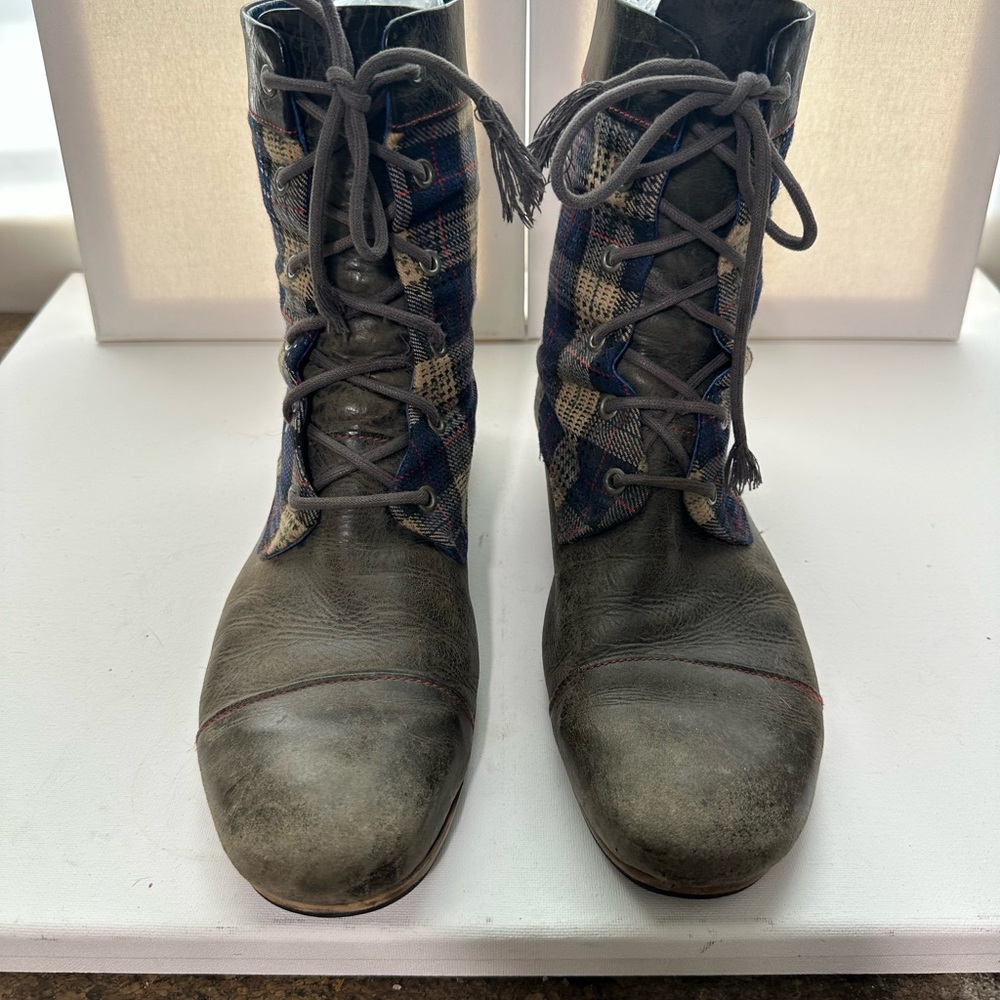 John Fluevog Blue plaid Lace-Up Boots - Picture 3 of 7